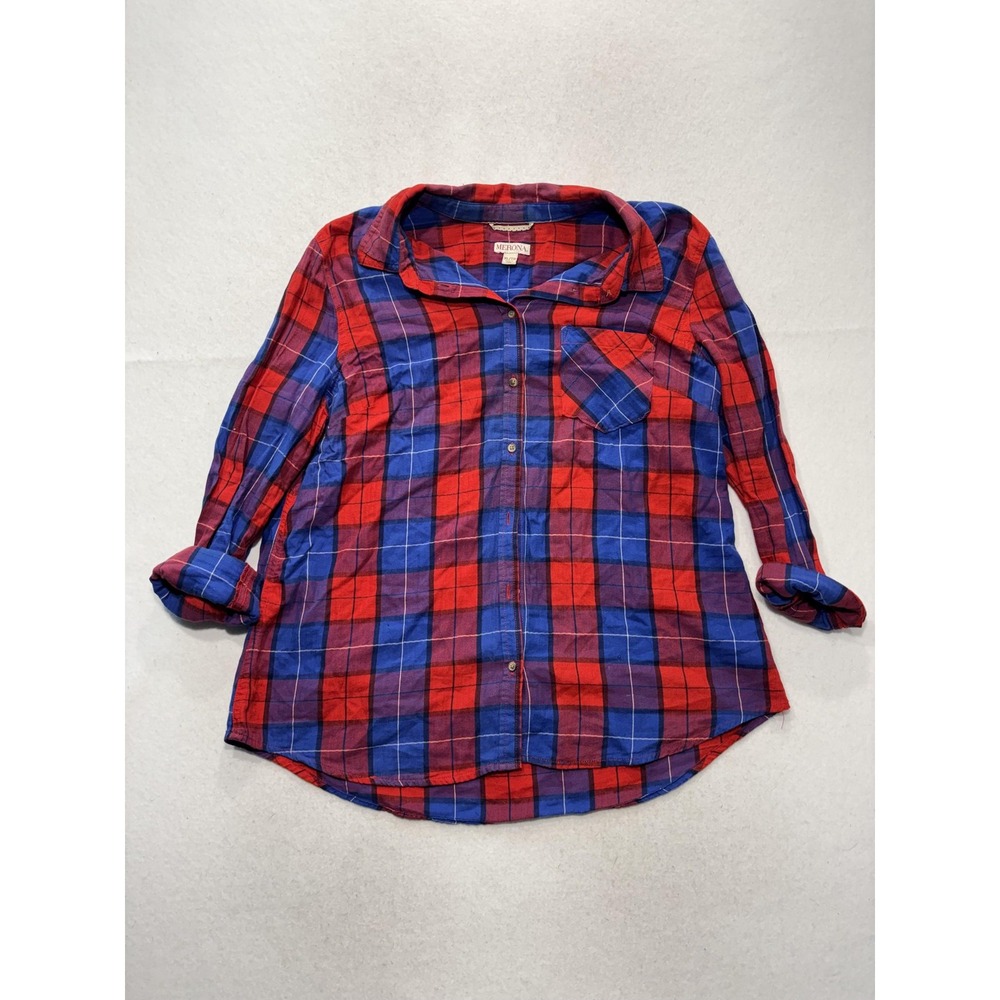 Merona Button Up Shirt Womens XL Red Blue Plaid Collared Long Sleeve Casual Top